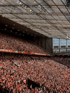 people sitting on red chairs inside stadium