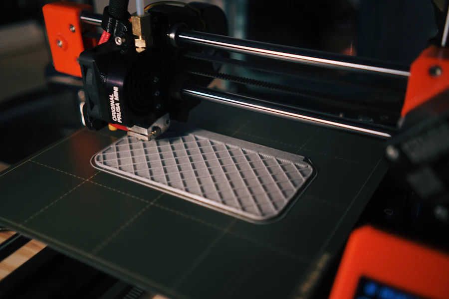 Part being additively built on a printer bed with visible layer infill