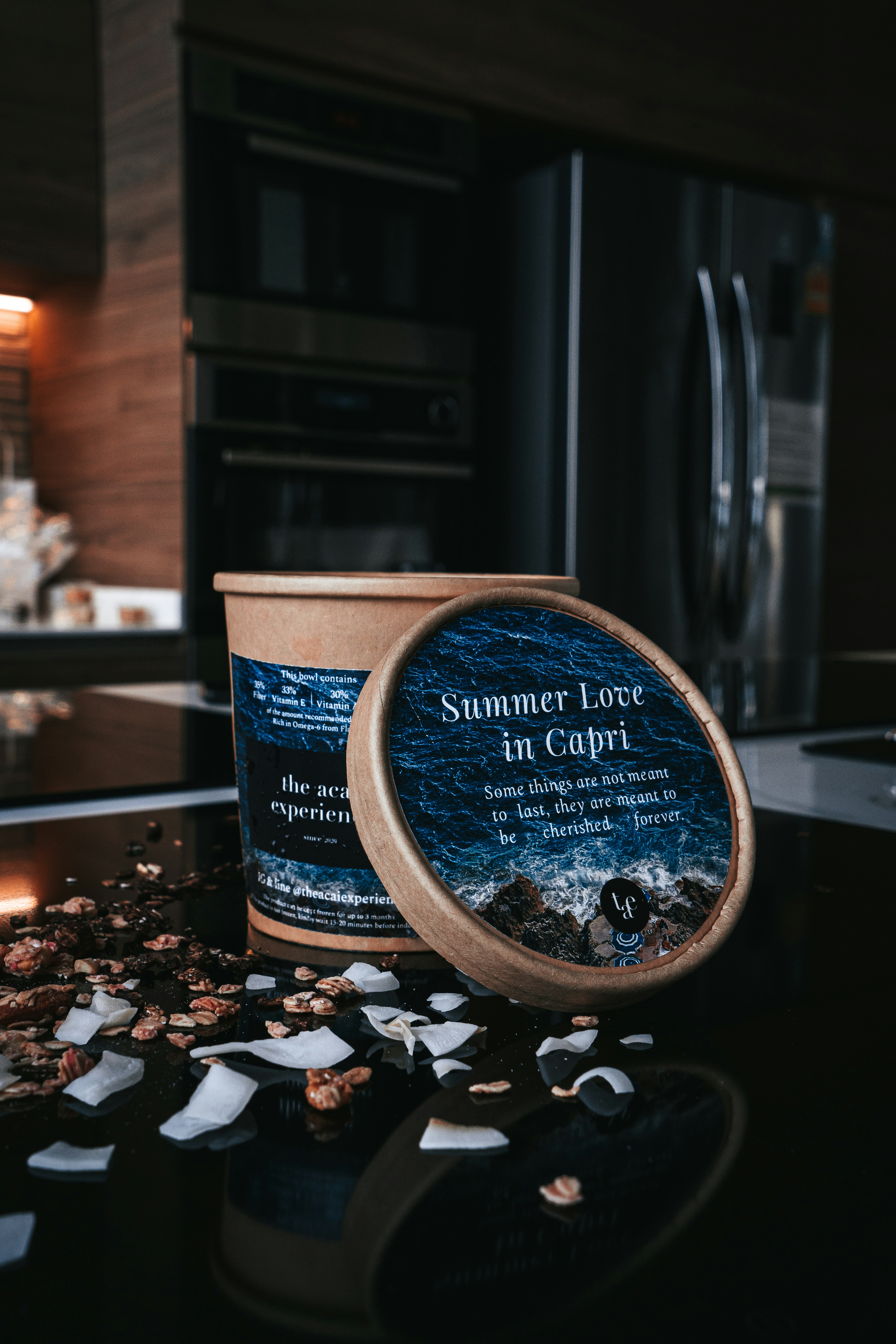 blue and white ceramic mug on brown wooden table
