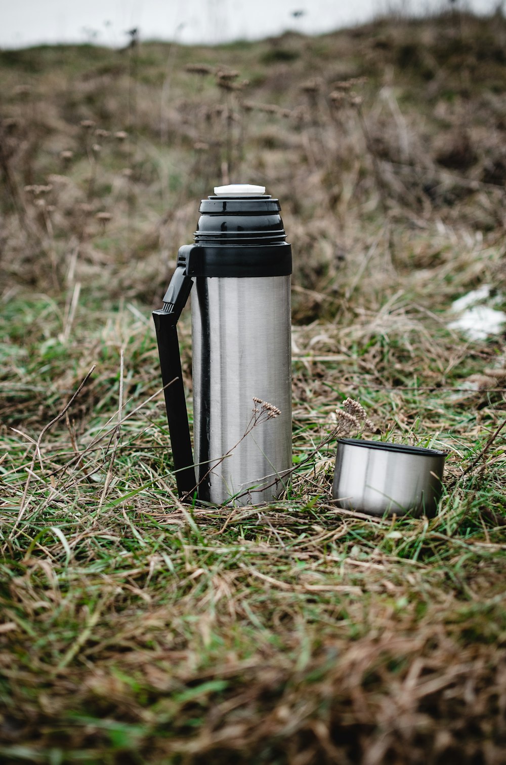 silver and black travel mug on green grass
