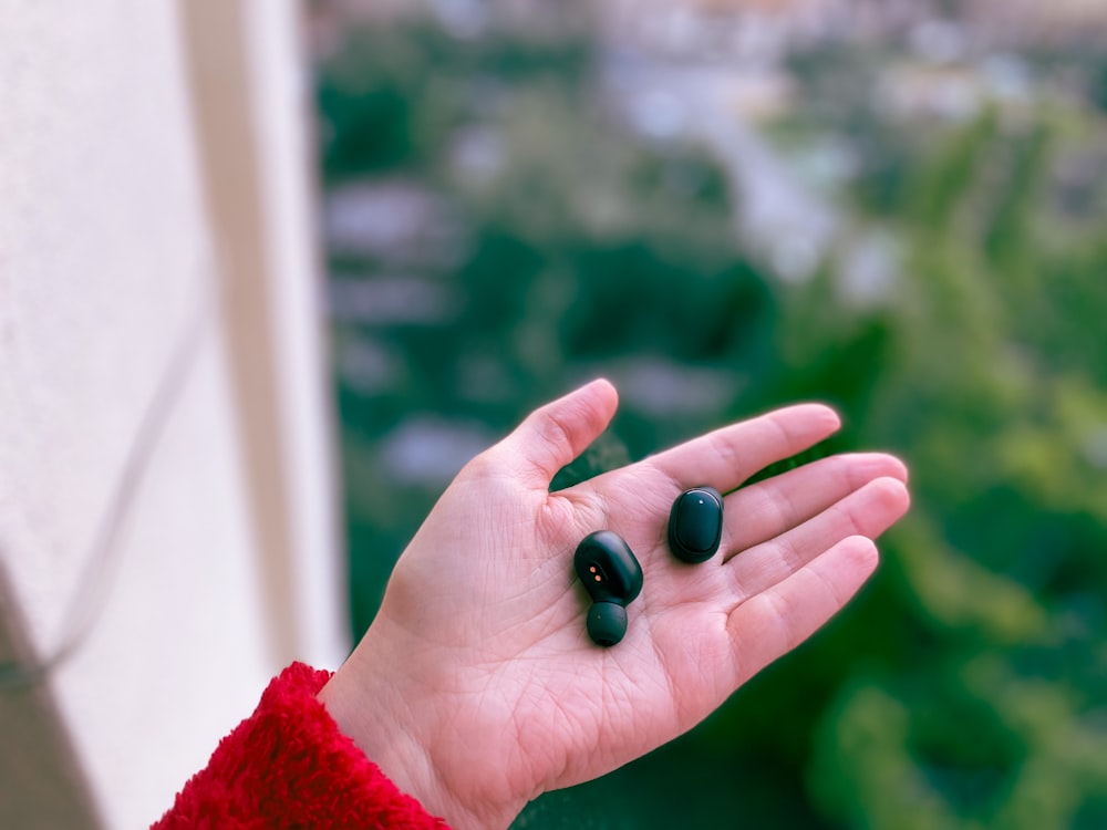 person holding black round ornament