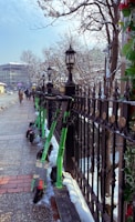 Several green electric scooters are lined up against a black wrought iron fence on a snow-dusted sidewalk. Leafless trees and classic street lamps can be seen, with people walking in the distance. A modern building is visible on the street corner, creating an urban, wintry setting.