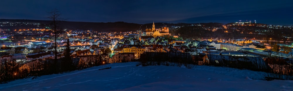 city skyline during night time