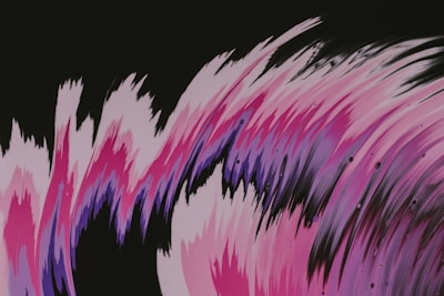 Abstract art featuring dynamic, sweeping brush strokes in shades of pink, purple, and black with a few scattered droplets.