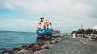 A large cargo ship with the name 'Peter Ronna Gibraltar' is docked along a rocky shoreline. The ship is predominantly blue and white, featuring a visible safety boat attached to its side. The surrounding area includes a paved walkway lined with palm trees and a few orange traffic cones. The sky is overcast, and there are cranes and buildings in the distant background.