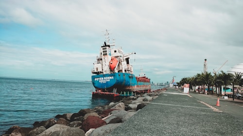 A large cargo ship with the name 'Peter Ronna Gibraltar' is docked along a rocky shoreline. The ship is predominantly blue and white, featuring a visible safety boat attached to its side. The surrounding area includes a paved walkway lined with palm trees and a few orange traffic cones. The sky is overcast, and there are cranes and buildings in the distant background.