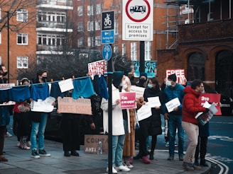 A group of people holding protest signs in a city street.