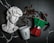 A white marble bust of a classical figure is placed next to a white cup with the word 'Italy' and a moka pot in the colors of the Italian flag. Coffee beans are scattered on a dark marble surface around these objects.