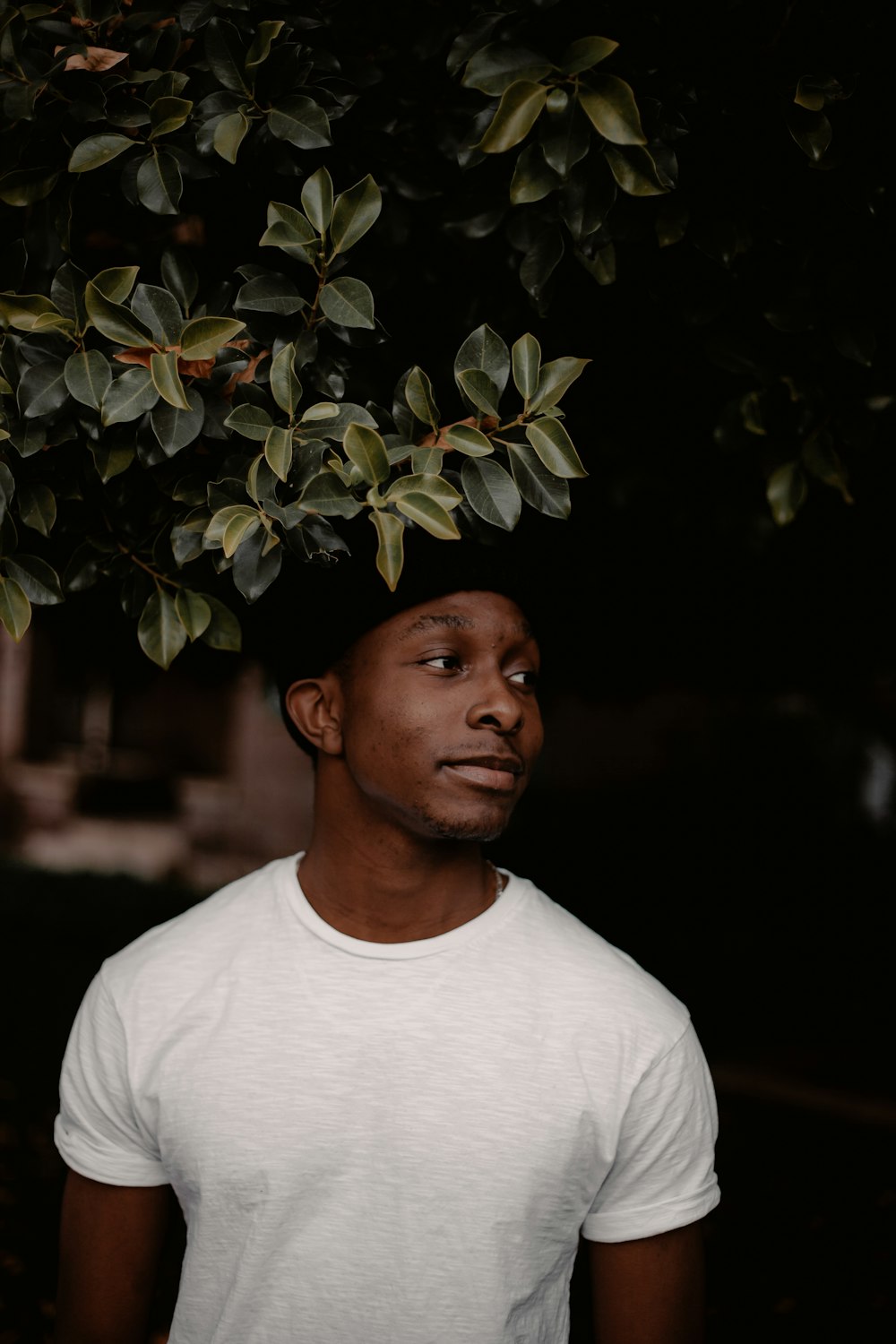 man in white crew neck shirt standing beside green leaves