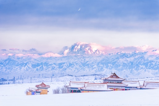 brown wooden houses on snow covered ground near snow covered mountains during daytime