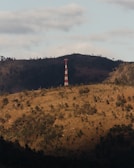 A red and white communications tower stands on the slope of a hilly landscape covered with sparse vegetation. The foreground features rolling hills with scattered trees, while a darker forested area extends along the background. Overhead, the sky is partly cloudy with soft lighting casting shadows on the terrain.