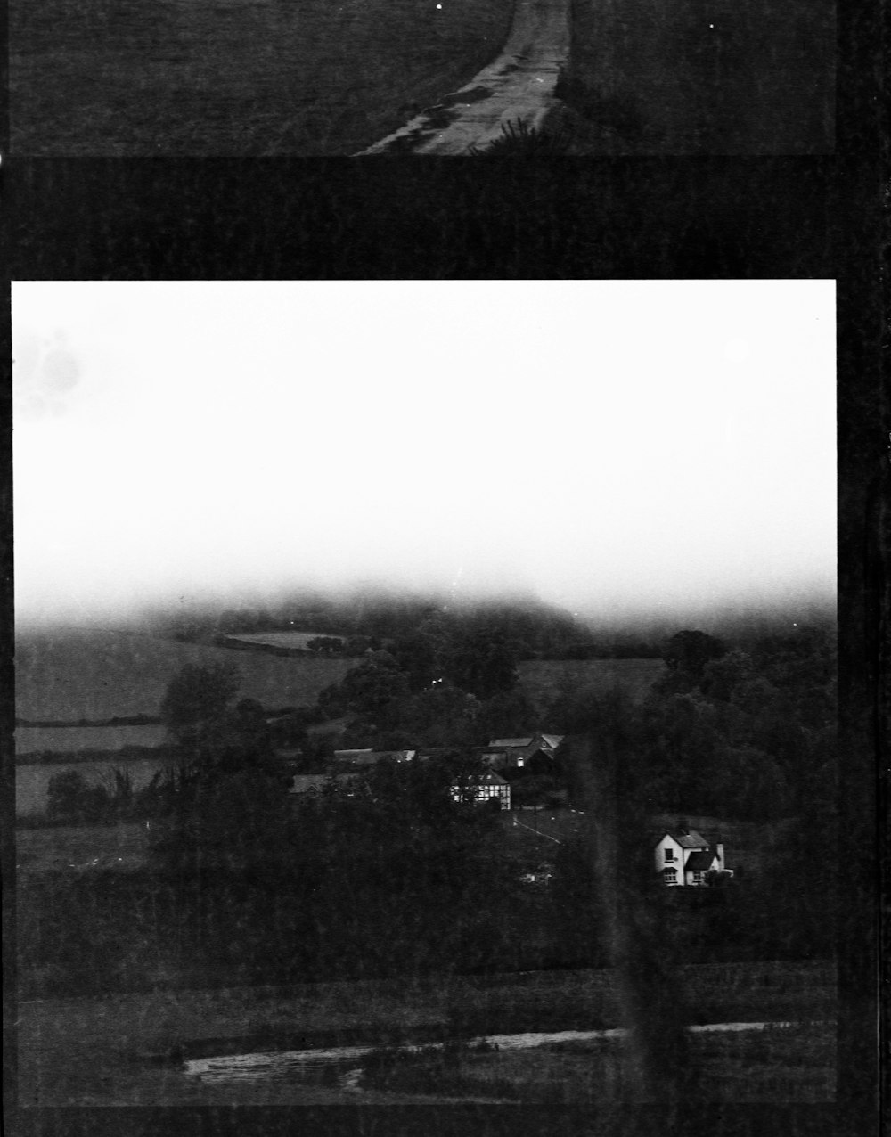 grayscale photo of houses and trees