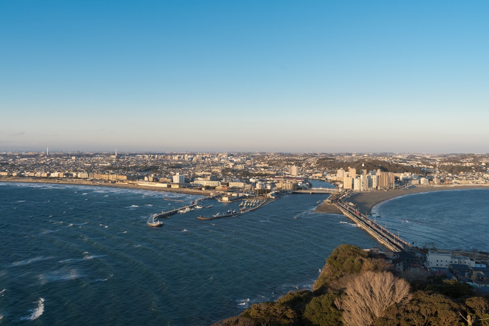 aerial view of city buildings near body of water during daytime