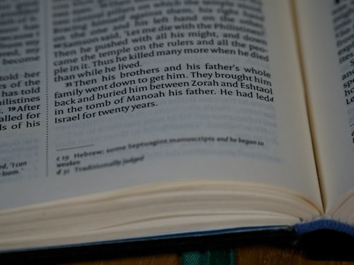 An open book displaying text in a serif font, with a focus on a passage describing a narrative about a family burial. The page shows black text on an off-white background, with another page slightly visible on the right.