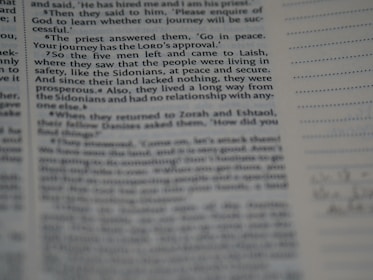 A close-up of a page from a religious text, possibly a Bible, with text involving a conversation about a priest's response and journey. The text appears slightly blurred along the edges.