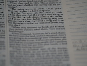 A close-up of a page from a religious text, possibly a Bible, with text involving a conversation about a priest's response and journey. The text appears slightly blurred along the edges.
