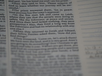 A close-up of a page from a religious text, possibly a Bible, with text involving a conversation about a priest's response and journey. The text appears slightly blurred along the edges.