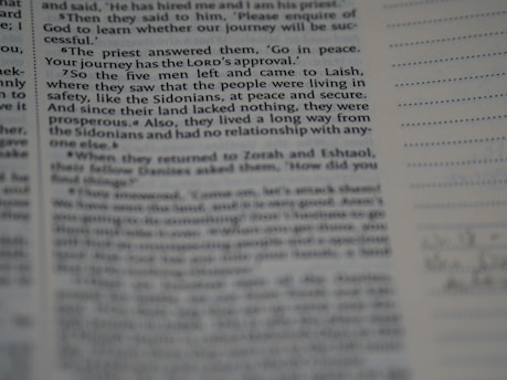 A close-up of a page from a religious text, possibly a Bible, with text involving a conversation about a priest's response and journey. The text appears slightly blurred along the edges.
