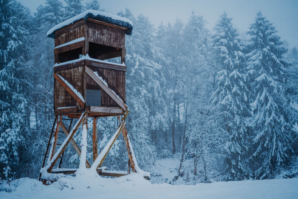 brown wooden house on snow covered ground