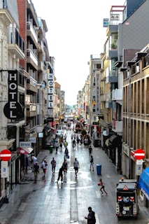 City street view showing a business district in daylight.