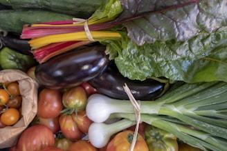 A vibrant assortment of fresh vegetables including leafy greens, colorful chard, eggplants, tomatoes, onions, and zucchinis. The arrangement highlights a variety of textures and colors, with the vegetables looking fresh and lush.