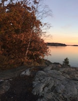 A quiet lakeside scene reflecting autumn trees at sunset.