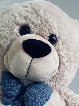 A large, fluffy teddy bear with soft, light beige fur. It has dark, round eyes and a prominent black nose. The bear is adorned with a blue bow tie featuring a subtle pattern.