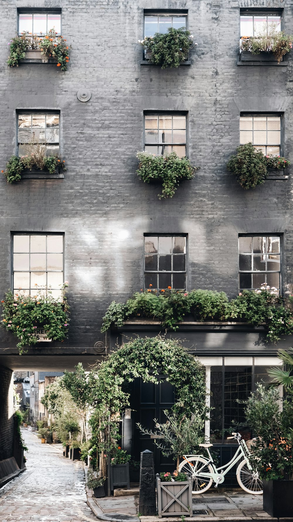 茶色のコンクリートの建物に緑の植物