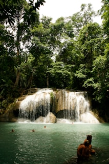 A serene waterfall surrounded by greenery, inviting visitors to relax and swim.