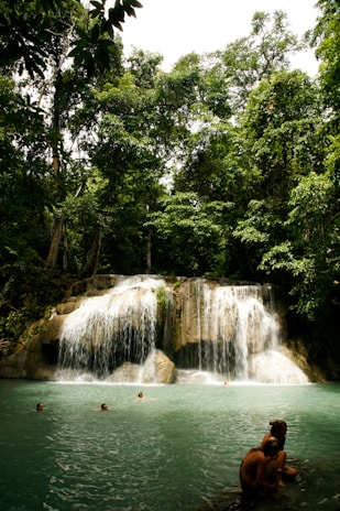 A serene waterfall surrounded by greenery, inviting visitors to relax and swim.