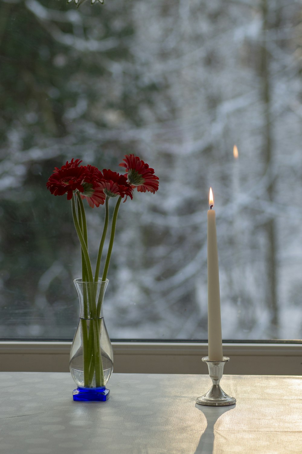 red flower in glass vase