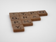 Wooden Scrabble tiles arranged to spell the word 'TYPOGRAPHY'. Each tile has a letter and a number indicating its point value. The tiles are placed against a plain white background.