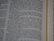 A close-up view of a page from a book, featuring printed text in English. The text is in a column format, with a focus that highlights certain words while others appear slightly blurred.