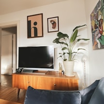 A cozy corner featuring a mid-century teak sideboard with ceramic planters and a jute rug.