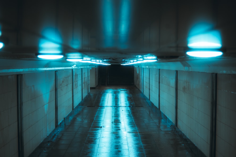 blue light on hallway during night time