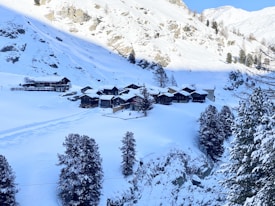 A snowy alpine landscape with a cluster of wooden cabins nestled at the base of a mountain. Snow-covered slopes and pine trees surround the area, creating a serene and picturesque scene. The bright sunlight casts shadows on the hillside, adding depth to the tranquil setting.