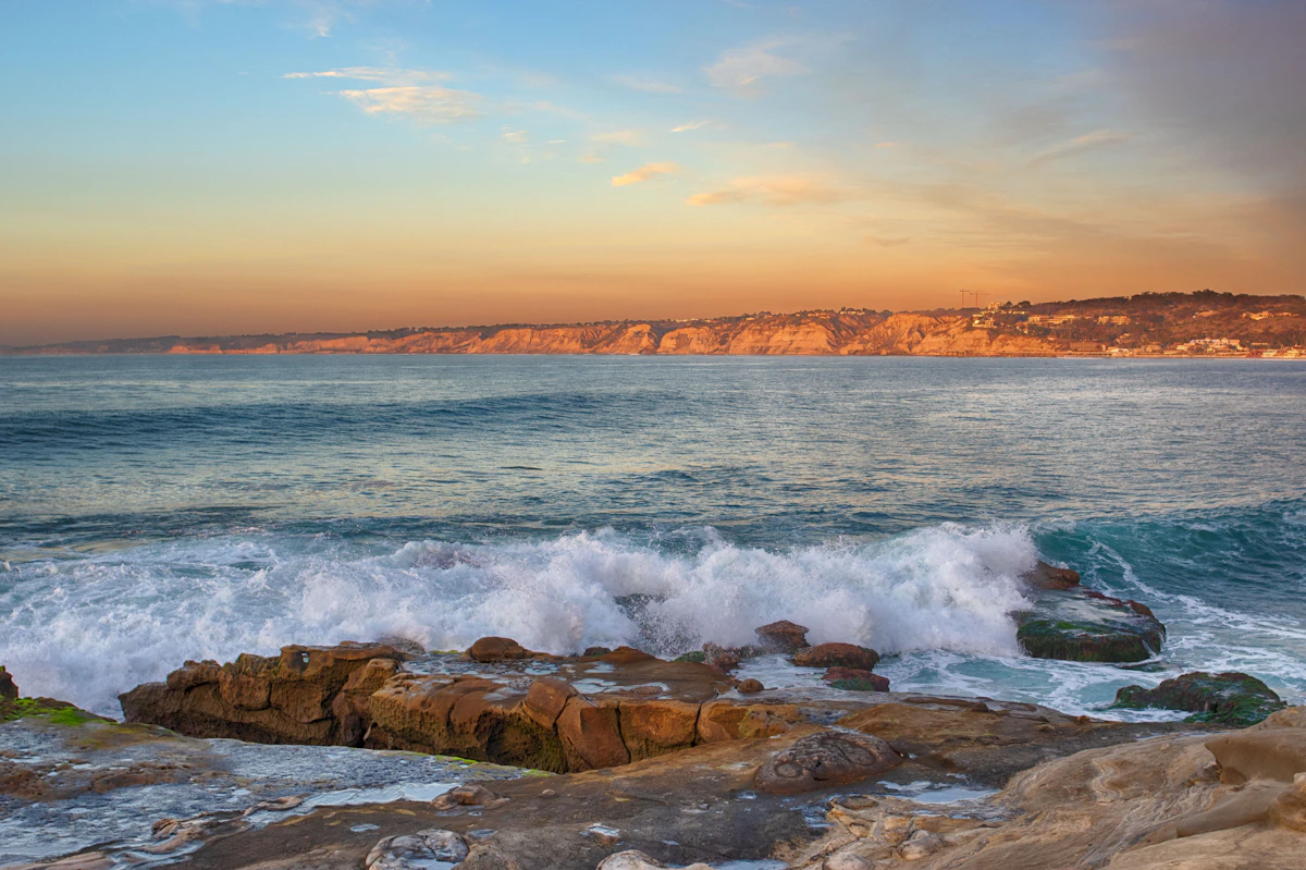 Waves and rocky shore on the La Jolla coast in San Diego