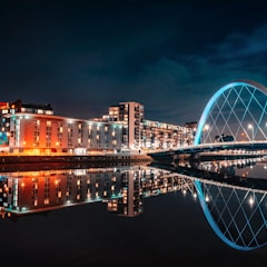 city skyline across body of water during night time