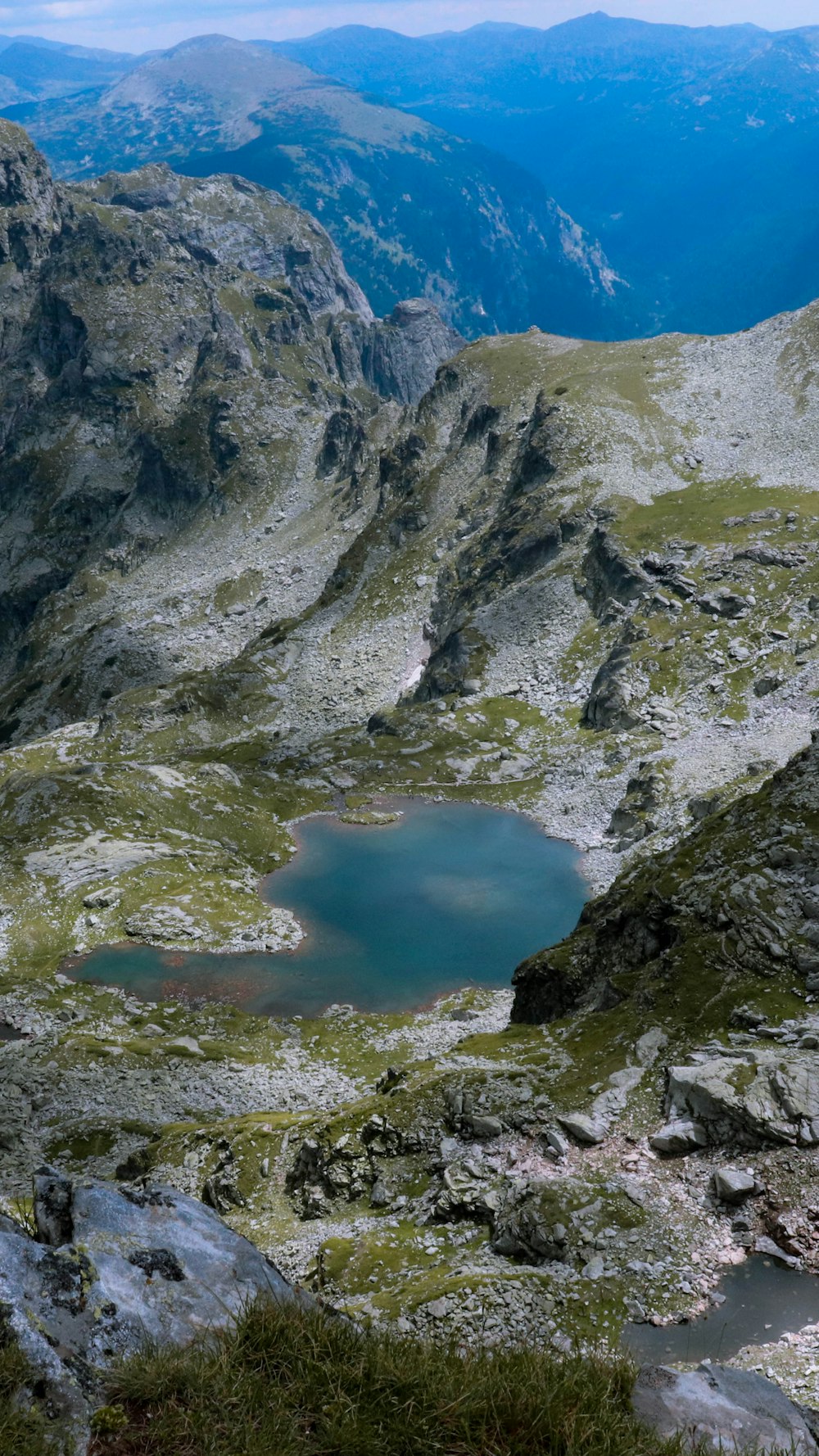 昼間の湖畔の緑と灰色の山