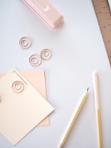 A pastel-themed stationery flat lay including a pink stapler, spiral paper clips, paint swatches labeled as 'Soft Marshmallow', a wooden pencil, and a light pink ruler on a white surface.