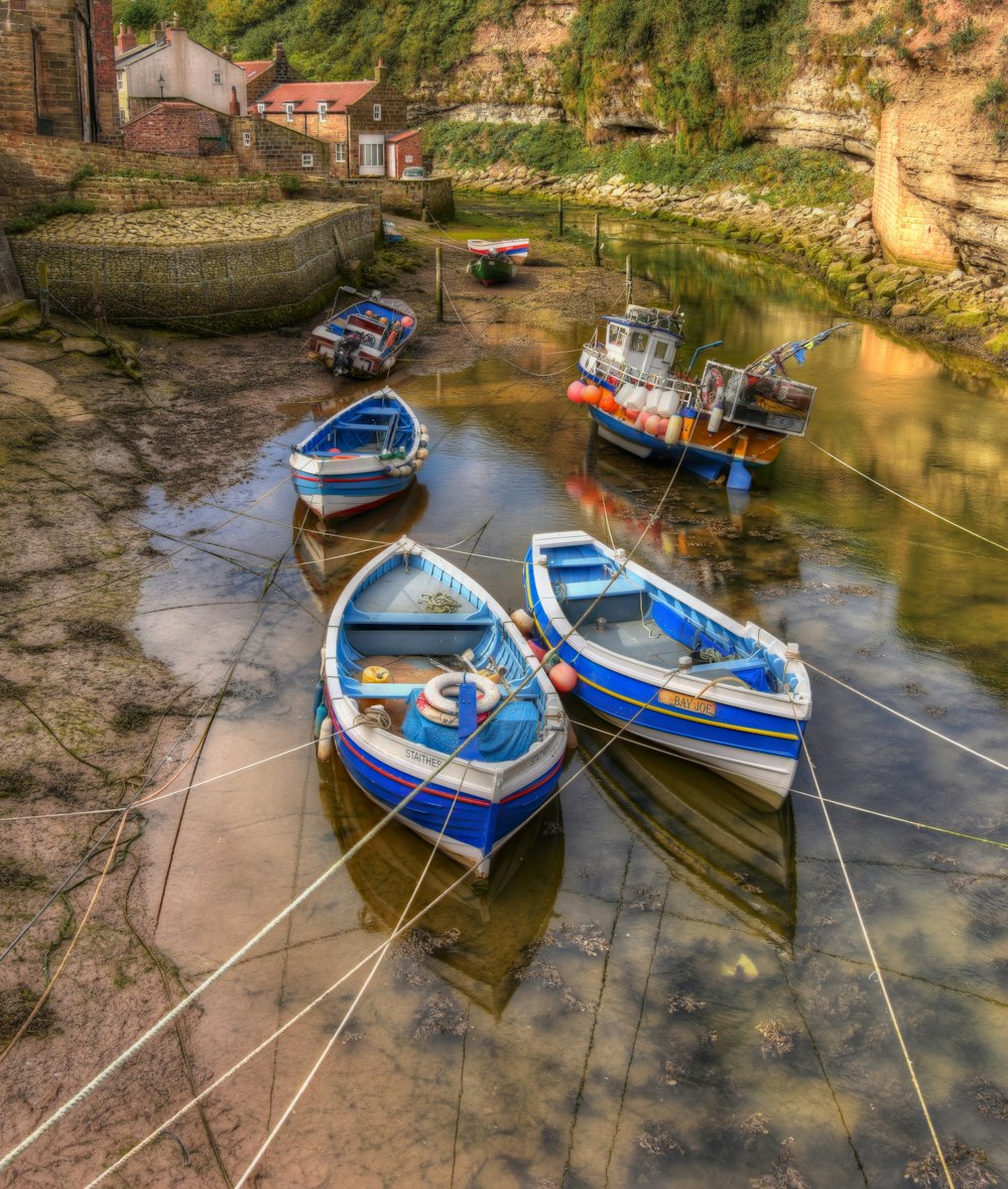 blue and white boat on river during daytime