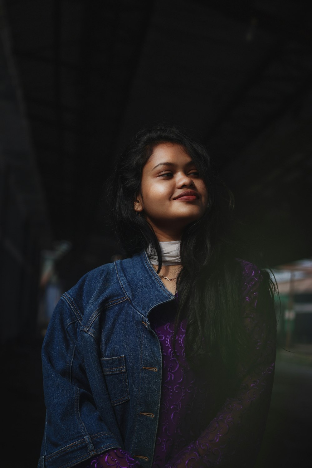 woman in blue denim jacket