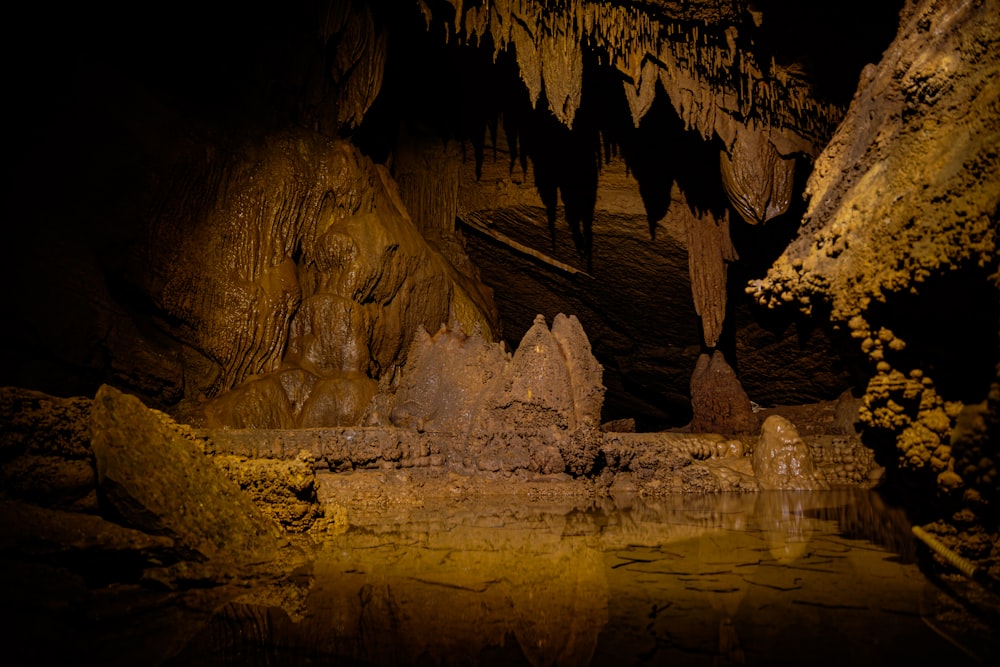 brown and black cave with water