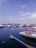 A harbor scene with multiple boats moored along a dock under a clear sky. The water appears calm, reflecting the blue of the sky. In the foreground, a speedboat prominently displaying the Yamaha brand is visible. A distant cityscape with a tall building and a flag can be seen across the water.