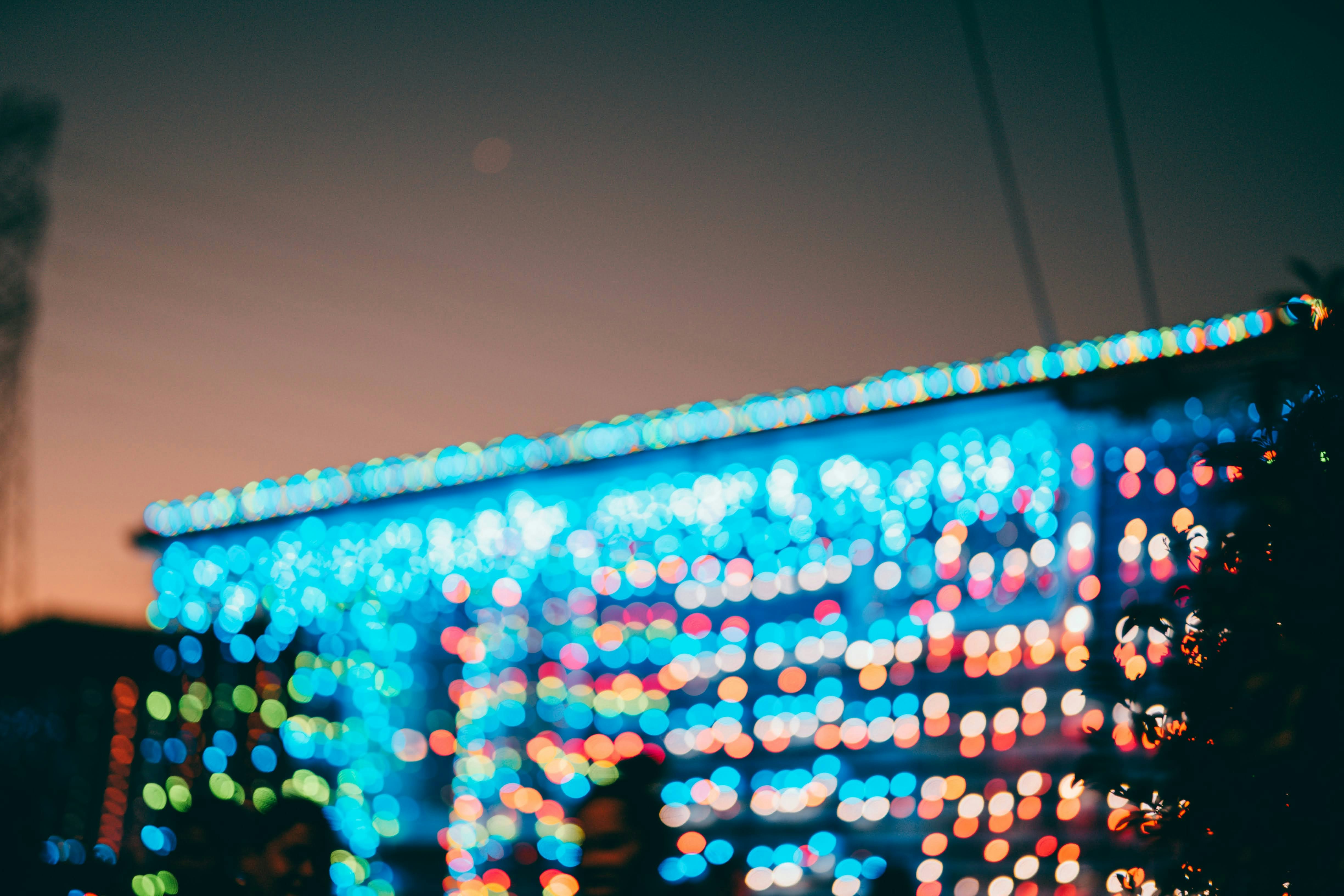 blue string lights on roof