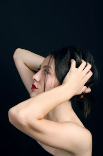 topless woman with red lipstick