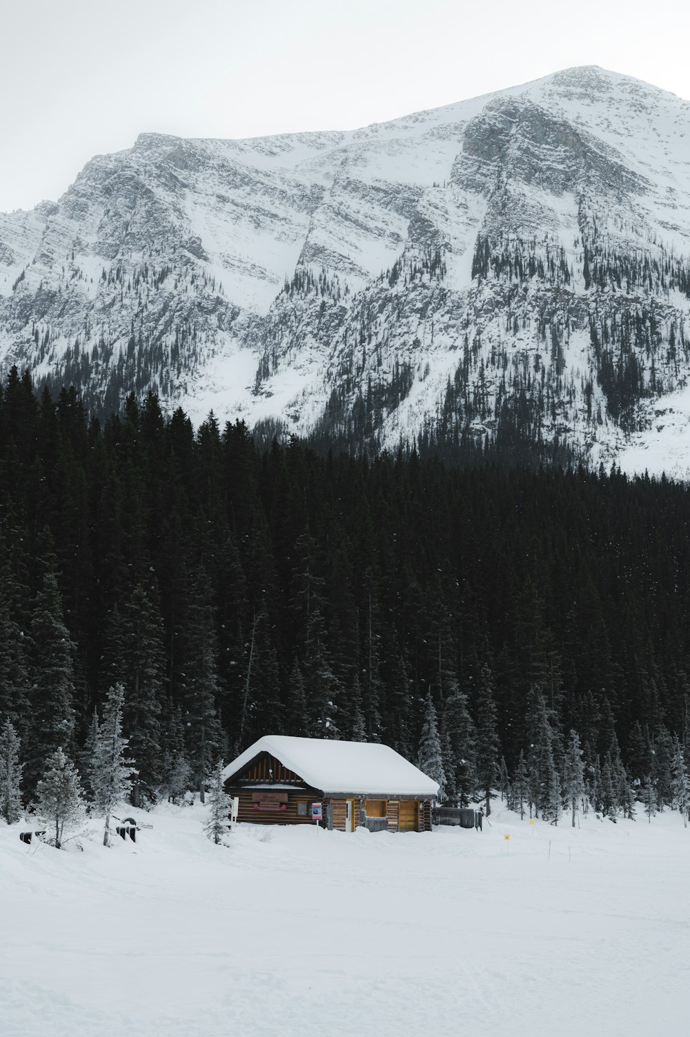 brown wooden house on snow covered ground near trees and snow covered mountain during daytime