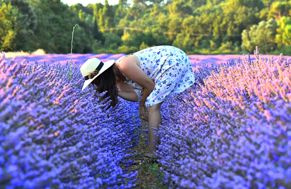 woman in blue and white floral dress standing on purple flower field during daytime