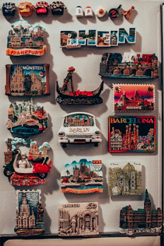 Set of vintage style gel magnets featuring travel themes.