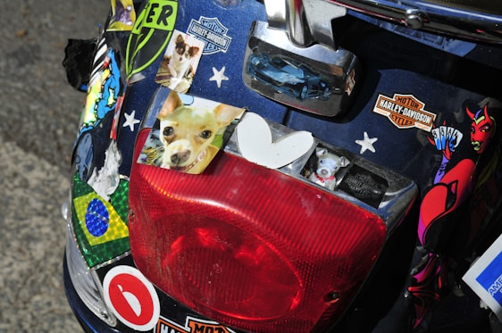 A scooter back adorned with a variety of colorful stickers and decals, including a photo of a small dog, a white heart, Harley-Davidson logos, a Brazilian flag sticker, and a cartoon character. The rear light is prominently displayed in bright red, surrounded by these vibrant, eclectic images.